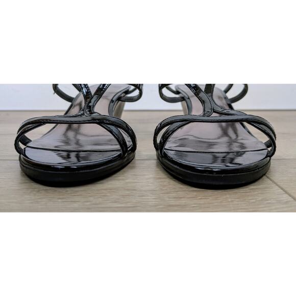 Etienne Aigner Sandals 8W Black Patent Leather Slingback T-Strap Wedge Heel - Picture 8 of 12